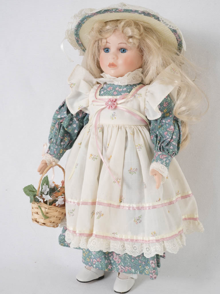 French Porcelain doll w/ blonde hair and pretty floral lace dress 16