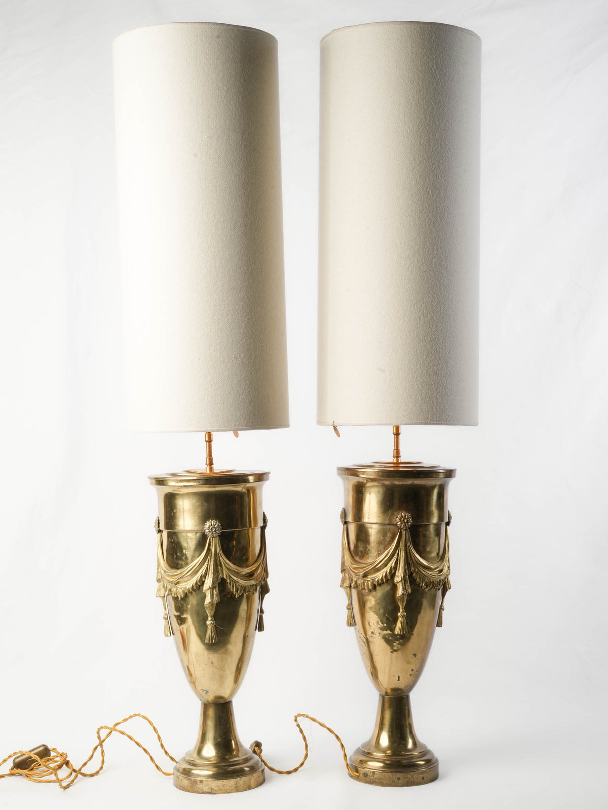 Pair of Very Tall Brass Urn Table Lamps w/ Custom-Made Felt Shades - 45"