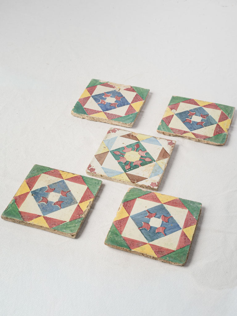Set of Five Antique Portuguese Cement Tiles w/ Mediterranean Colors - 5½" x 5½"