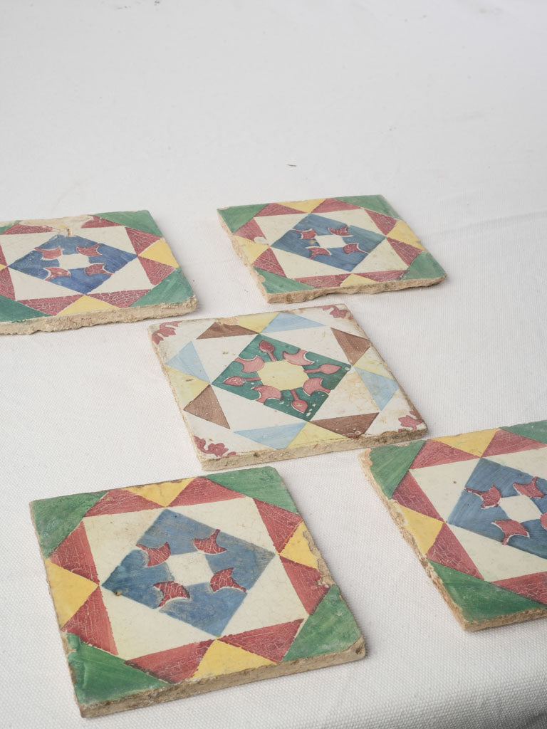 Set of Five Antique Portuguese Cement Tiles w/ Mediterranean Colors - 5½" x 5½"