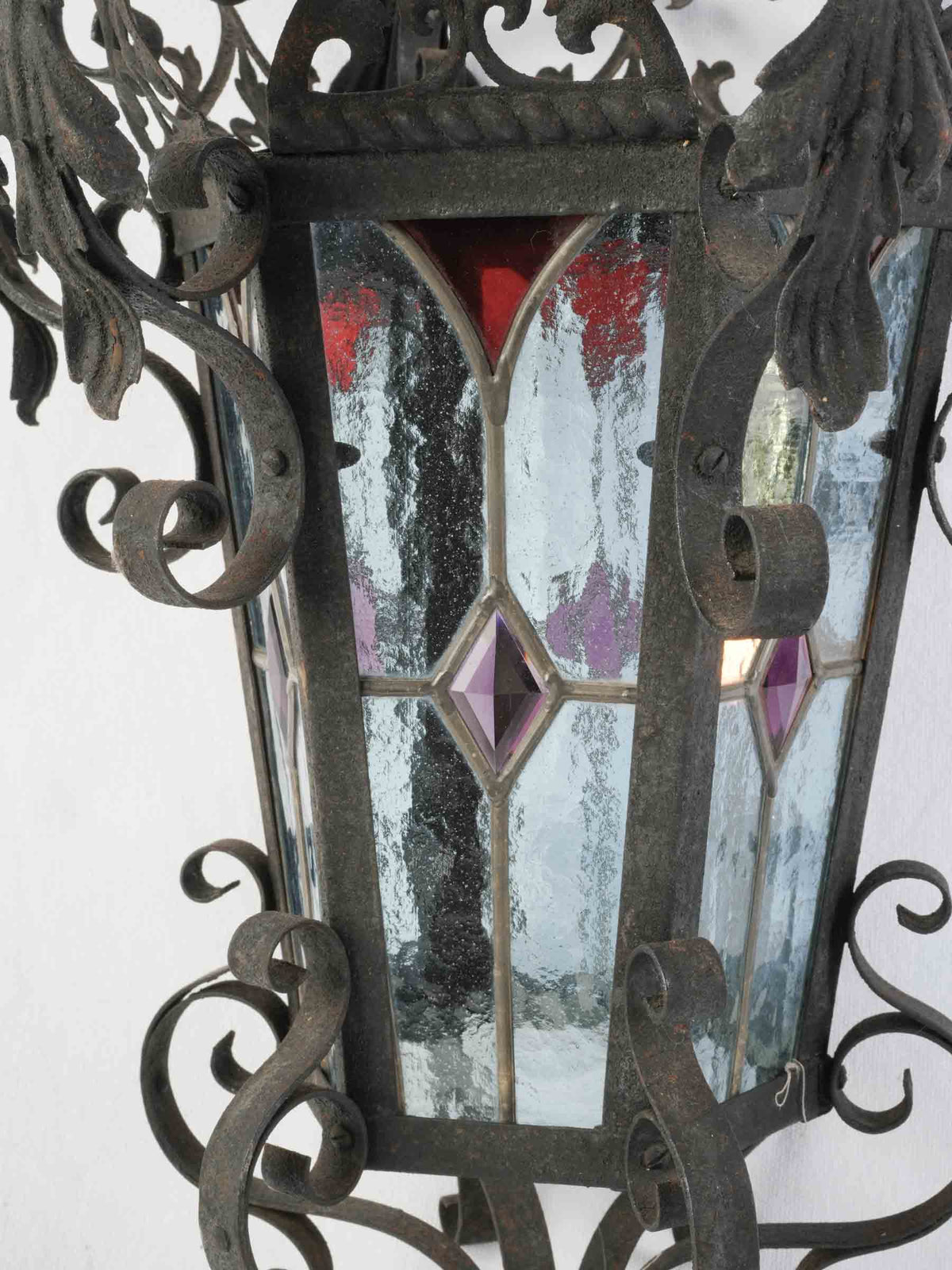 Mid-20th-Century French Wrought-Iron Lantern w/ Colored Stained Glass - 26½" x 15¾"