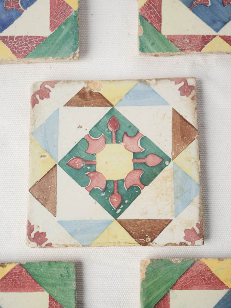 Set of Five Antique Portuguese Cement Tiles w/ Mediterranean Colors - 5½" x 5½"