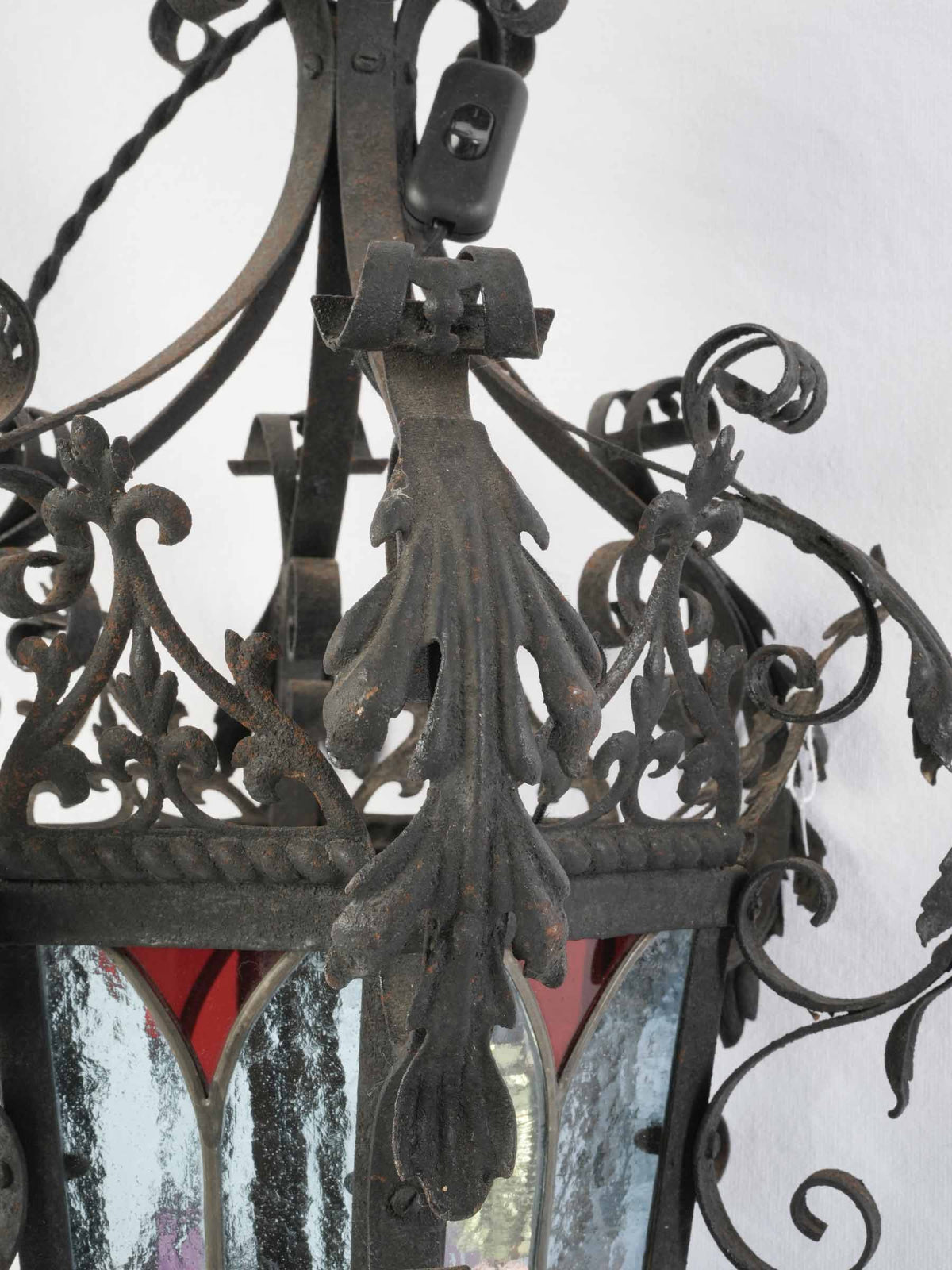 Mid-20th-Century French Wrought-Iron Lantern w/ Colored Stained Glass - 26½" x 15¾"