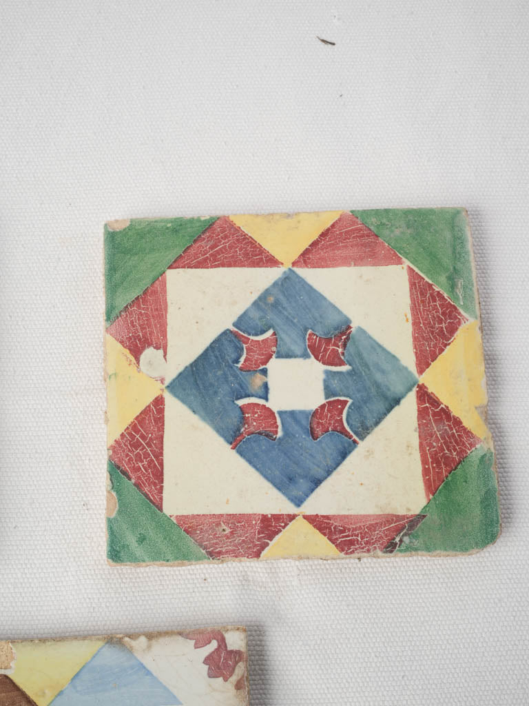 Set of Five Antique Portuguese Cement Tiles w/ Mediterranean Colors - 5½" x 5½"