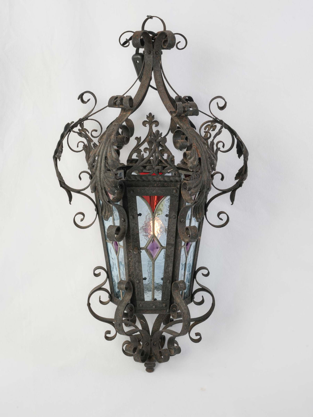 Mid-20th-Century French Wrought-Iron Lantern w/ Colored Stained Glass - 26½" x 15¾"