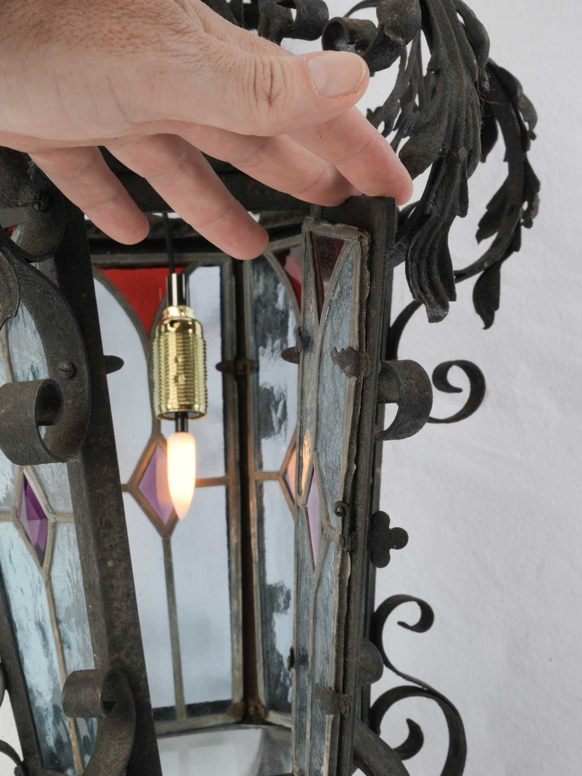 Mid-20th-Century French Wrought-Iron Lantern w/ Colored Stained Glass - 26½" x 15¾"