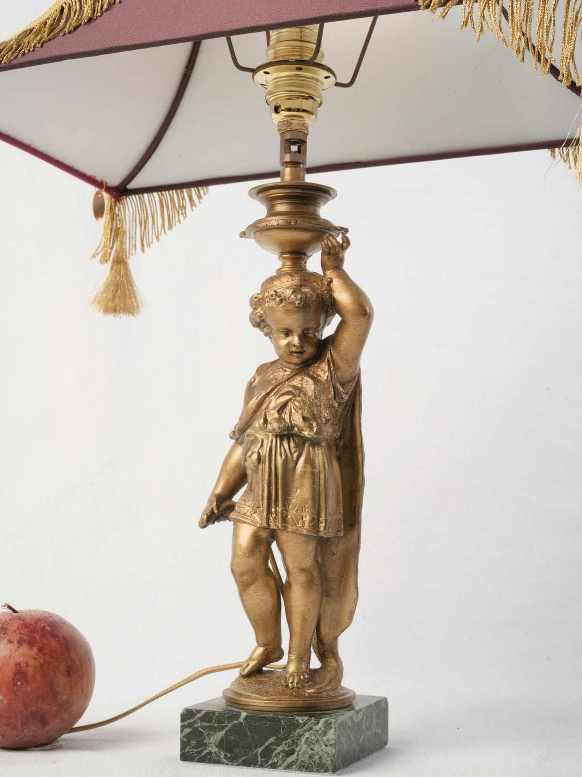 Figural Table Lamp w/ Gilt-Metal Putto and Fringed Pagoda Shade - 19¼"