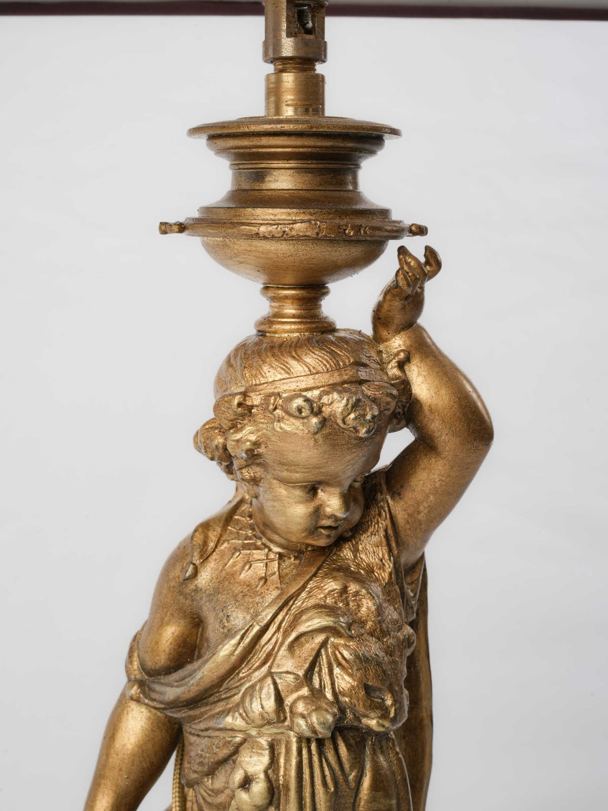 Figural Table Lamp w/ Gilt-Metal Putto and Fringed Pagoda Shade - 19¼"