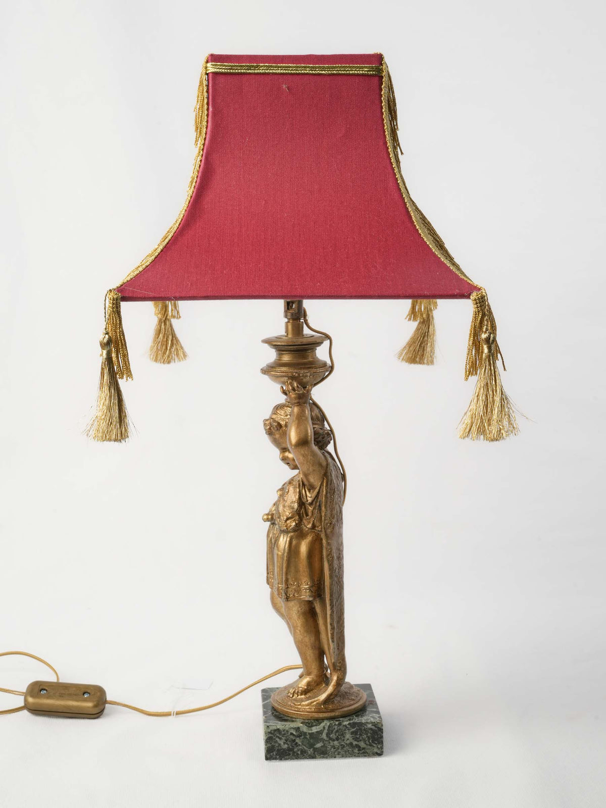 Figural Table Lamp w/ Gilt-Metal Putto and Fringed Pagoda Shade - 19¼"