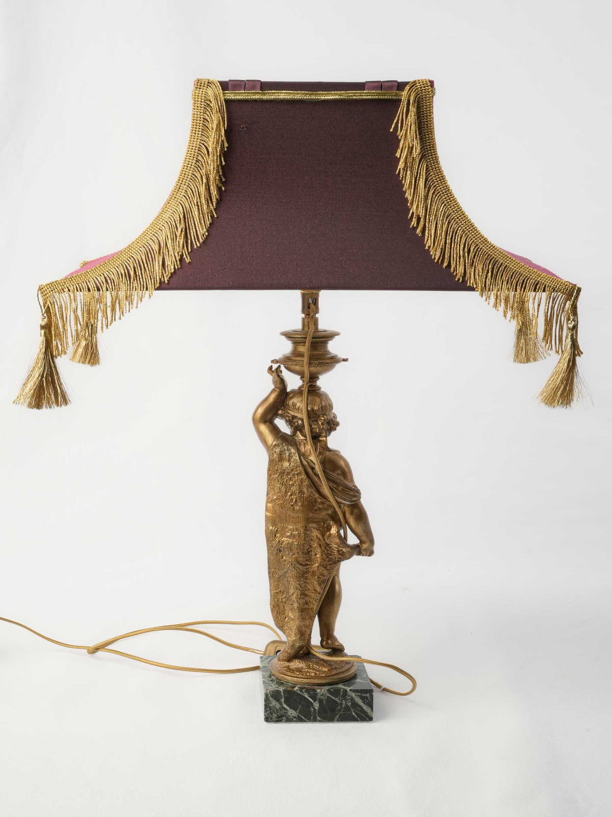 Figural Table Lamp w/ Gilt-Metal Putto and Fringed Pagoda Shade - 19¼"