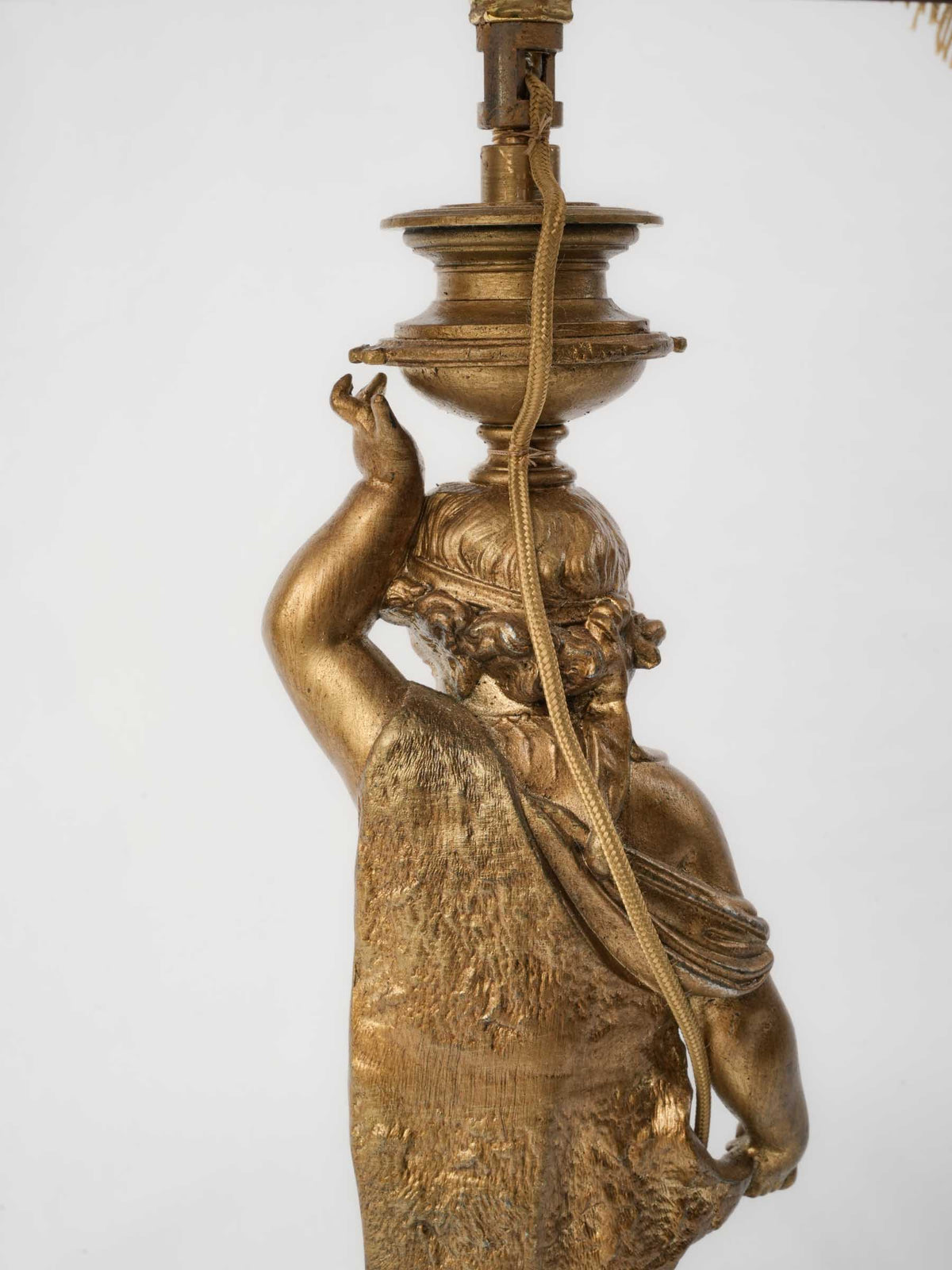 Figural Table Lamp w/ Gilt-Metal Putto and Fringed Pagoda Shade - 19¼"