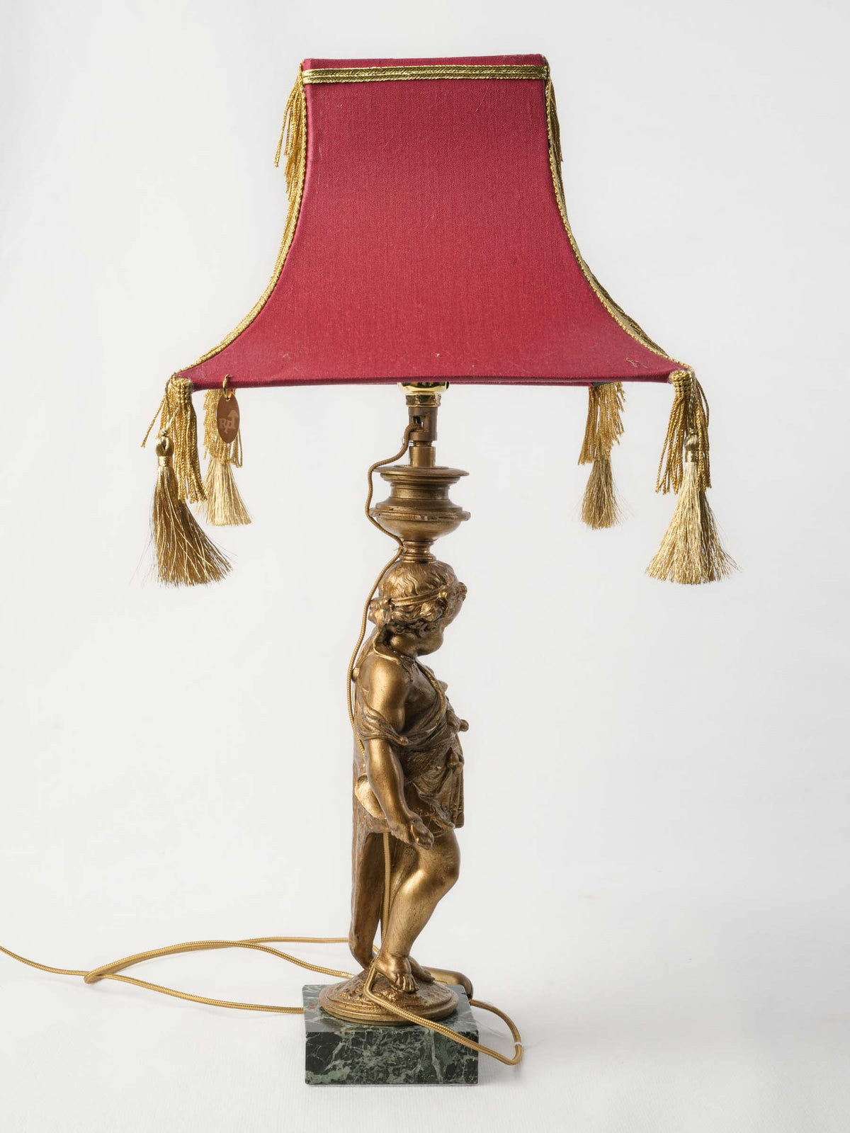 Figural Table Lamp w/ Gilt-Metal Putto and Fringed Pagoda Shade - 19¼"