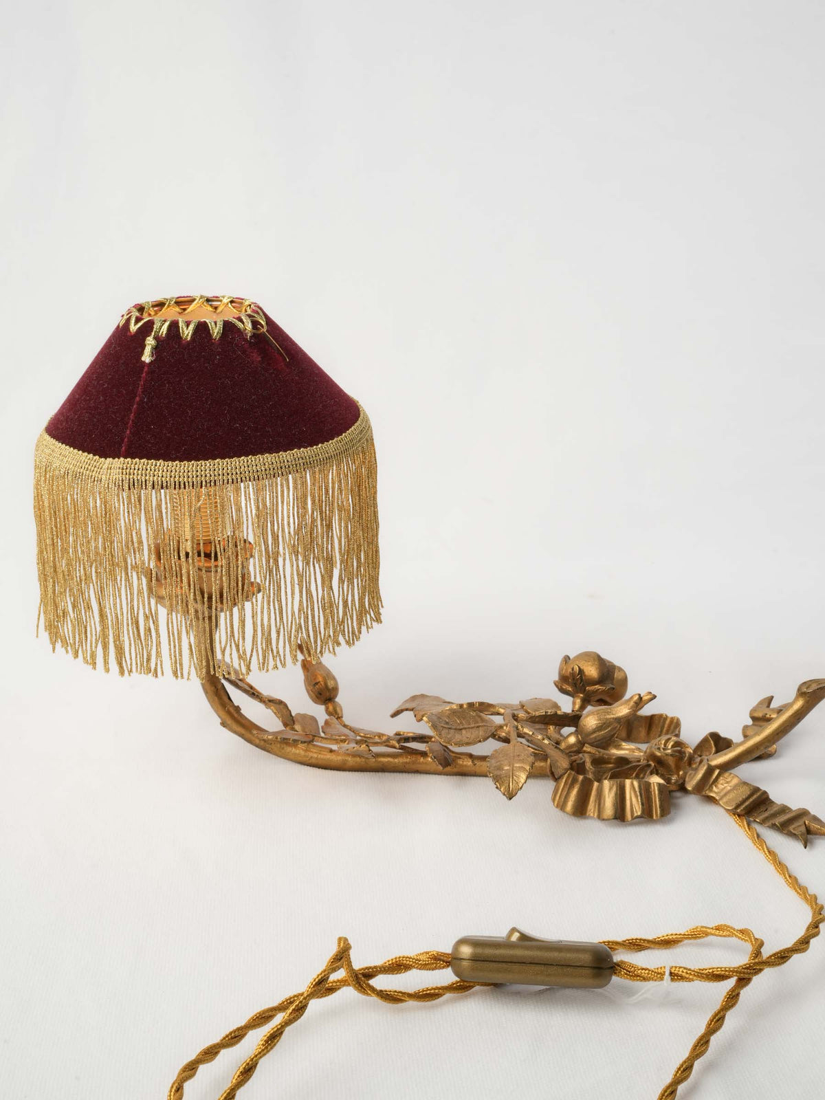 Sculptural Gilt-Metal Rose and Ribbon Table Lamp w/ Fringed Shade - 9¾" x 15¼"