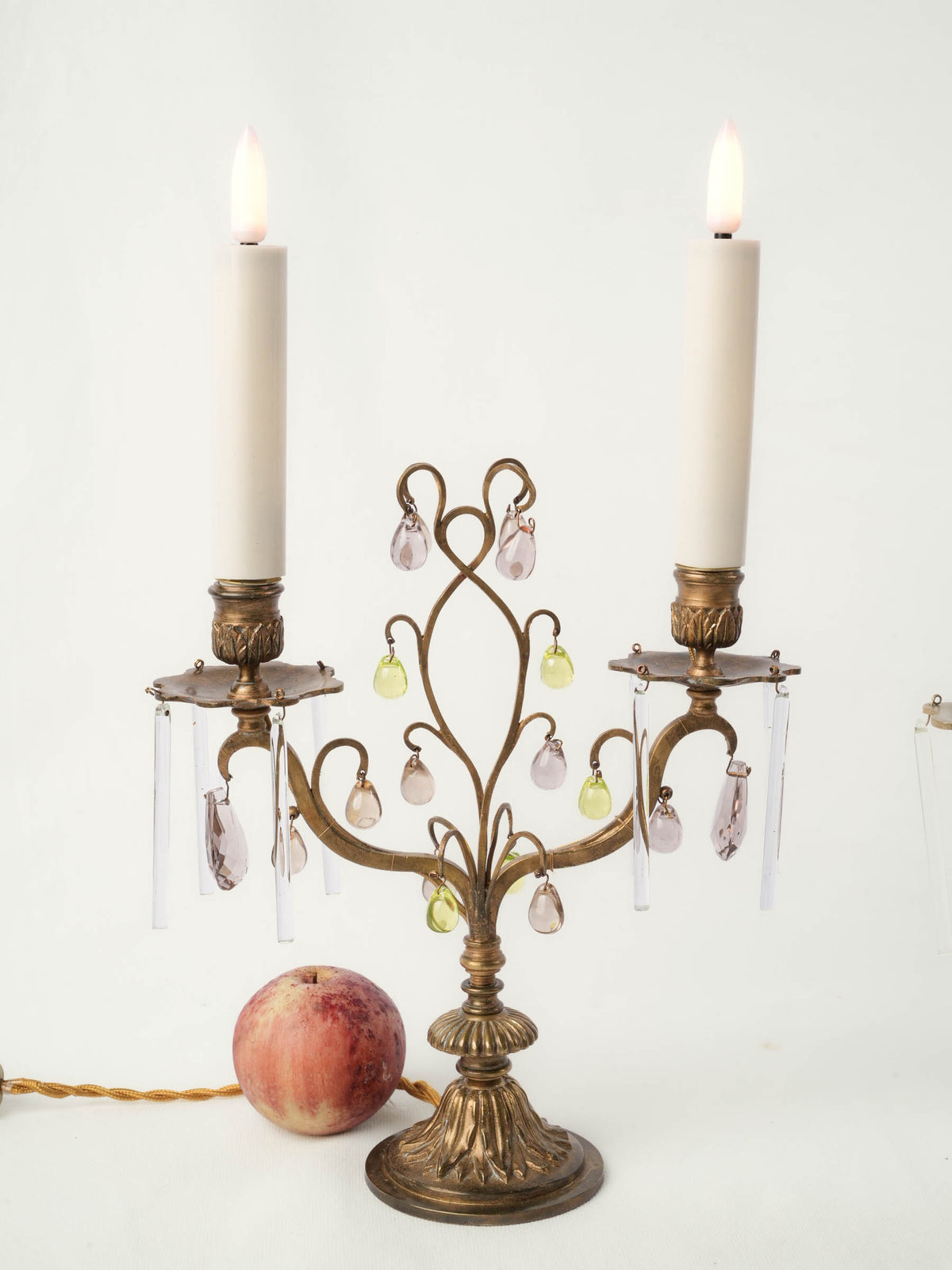 Pair of Early 20th-Century Brass Girandoles w/ Peridot-Green and Smoked-Glass Drops - 16½"
