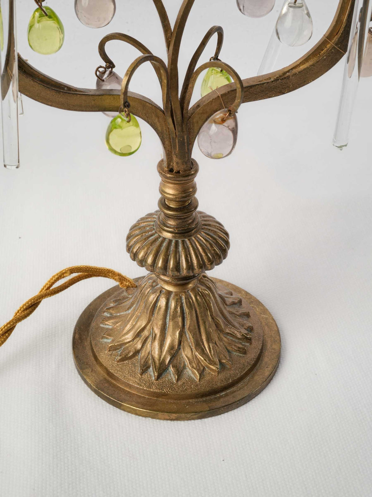 Pair of Early 20th-Century Brass Girandoles w/ Peridot-Green and Smoked-Glass Drops - 16½"