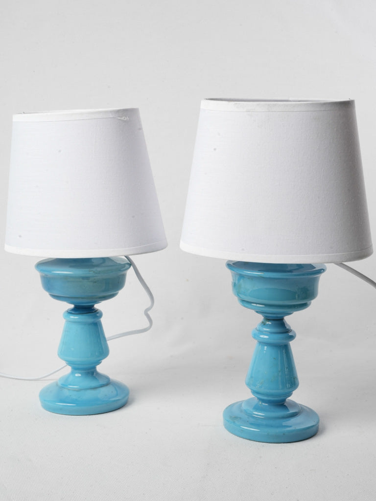 Pair of Early 20th-Century Blue Opaline Converted Oil Lamps - 13¾"