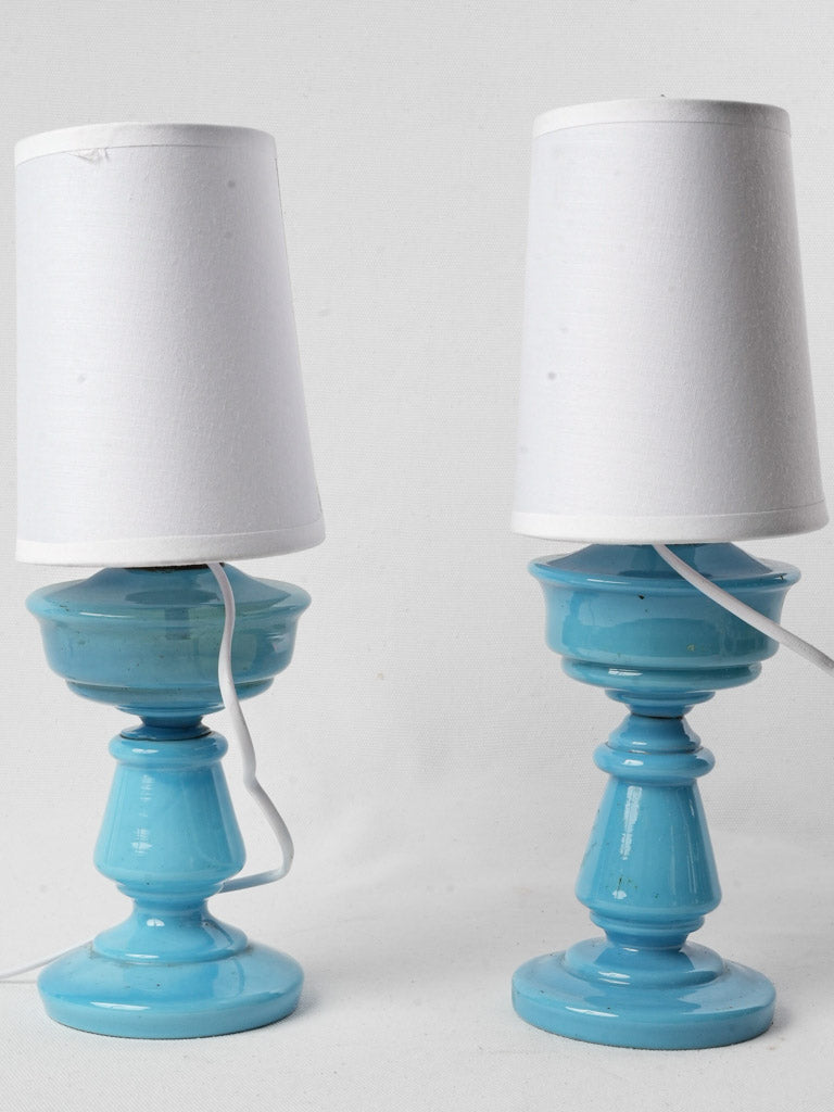 Pair of Early 20th-Century Blue Opaline Converted Oil Lamps - 13¾"