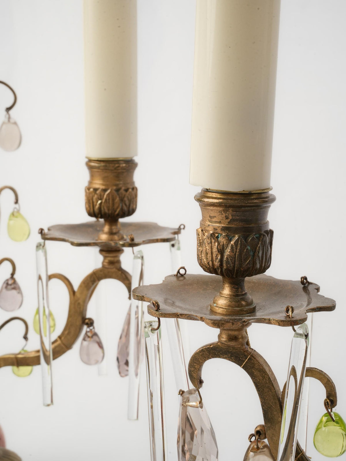 Pair of Early 20th-Century Brass Girandoles w/ Peridot-Green and Smoked-Glass Drops - 16½"