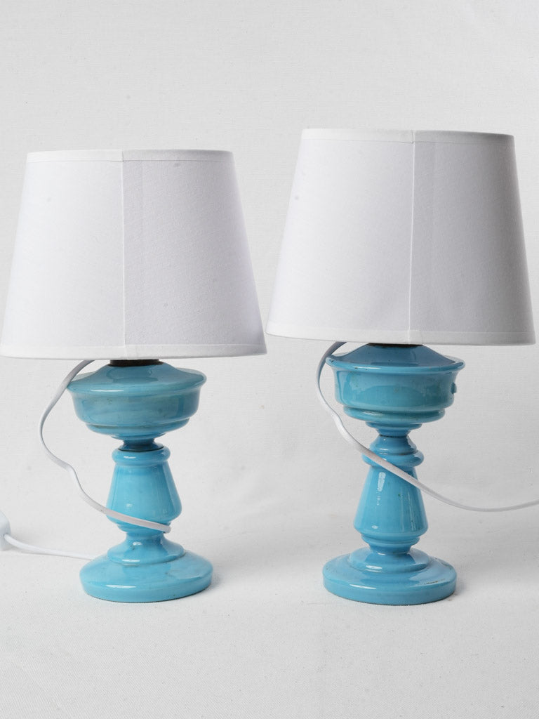 Pair of Early 20th-Century Blue Opaline Converted Oil Lamps - 13¾"