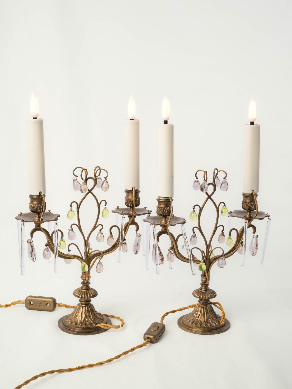 Pair of Early 20th-Century Brass Girandoles w/ Peridot-Green and Smoked-Glass Drops - 16½"
