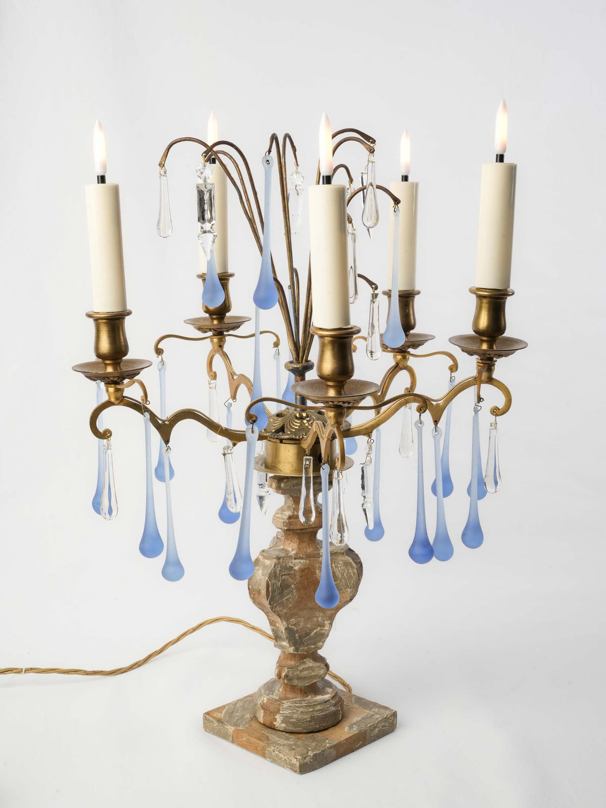 Large Five-Light Girandole Table Lamp w/ Cascading Blue Pendants - 21¾" x 15"