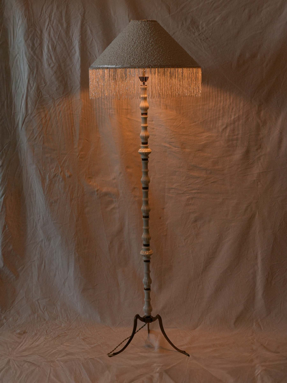 French Art Deco White Glass Floor Lamp w/ Custom Fringed Shade - 67"