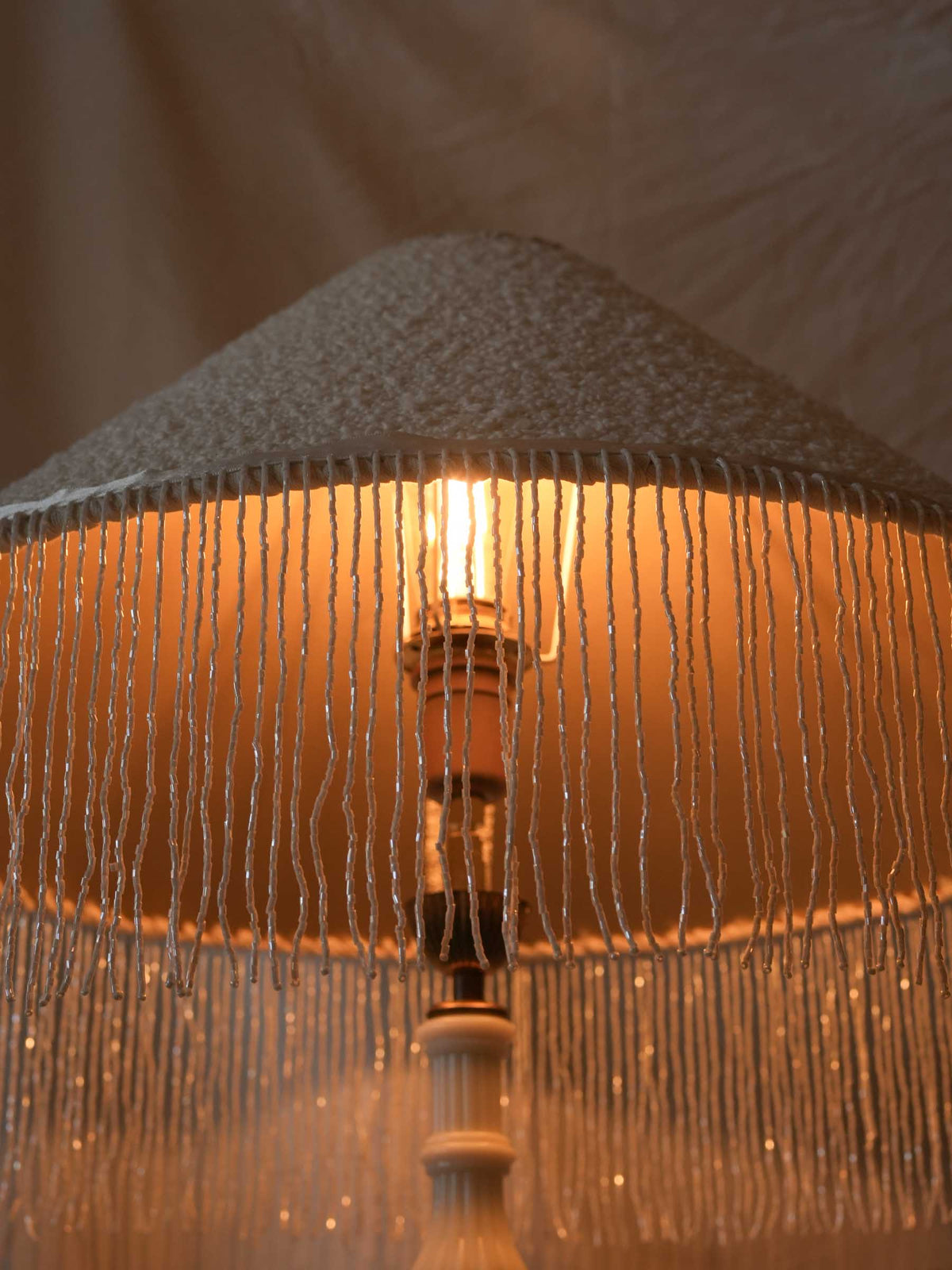 French Art Deco White Glass Floor Lamp w/ Custom Fringed Shade - 67"