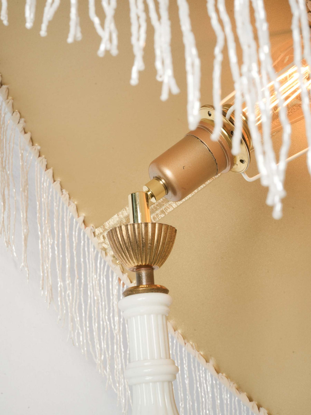 French Art Deco White Glass Floor Lamp w/ Custom Fringed Shade - 67"