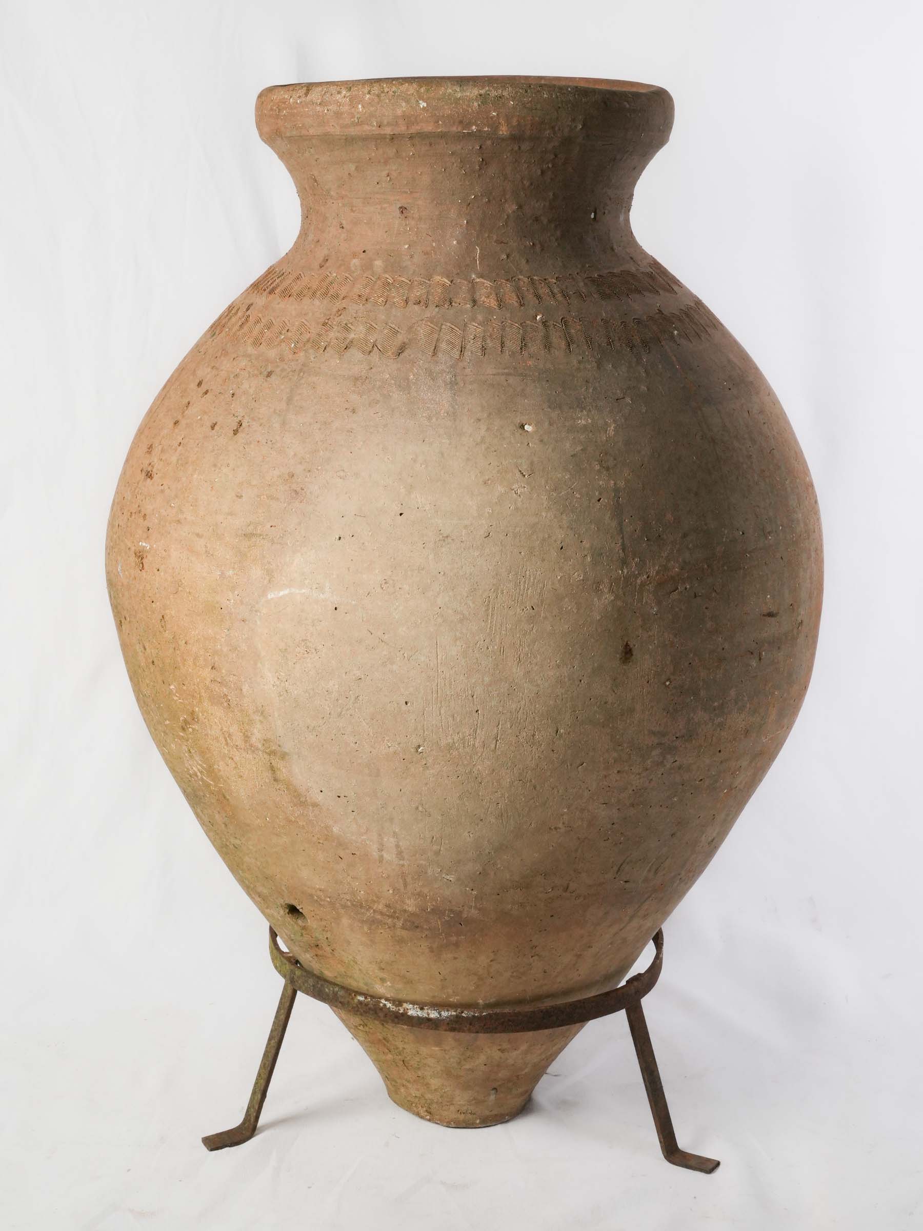 Large Late 19th-Century Iberian Terracotta Storage Jar on Custom Iron Stand - 45¾"