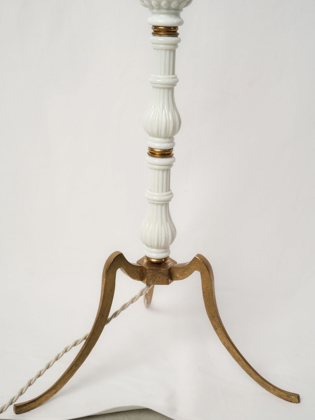French Art Deco White Glass Floor Lamp w/ Custom Fringed Shade - 67"