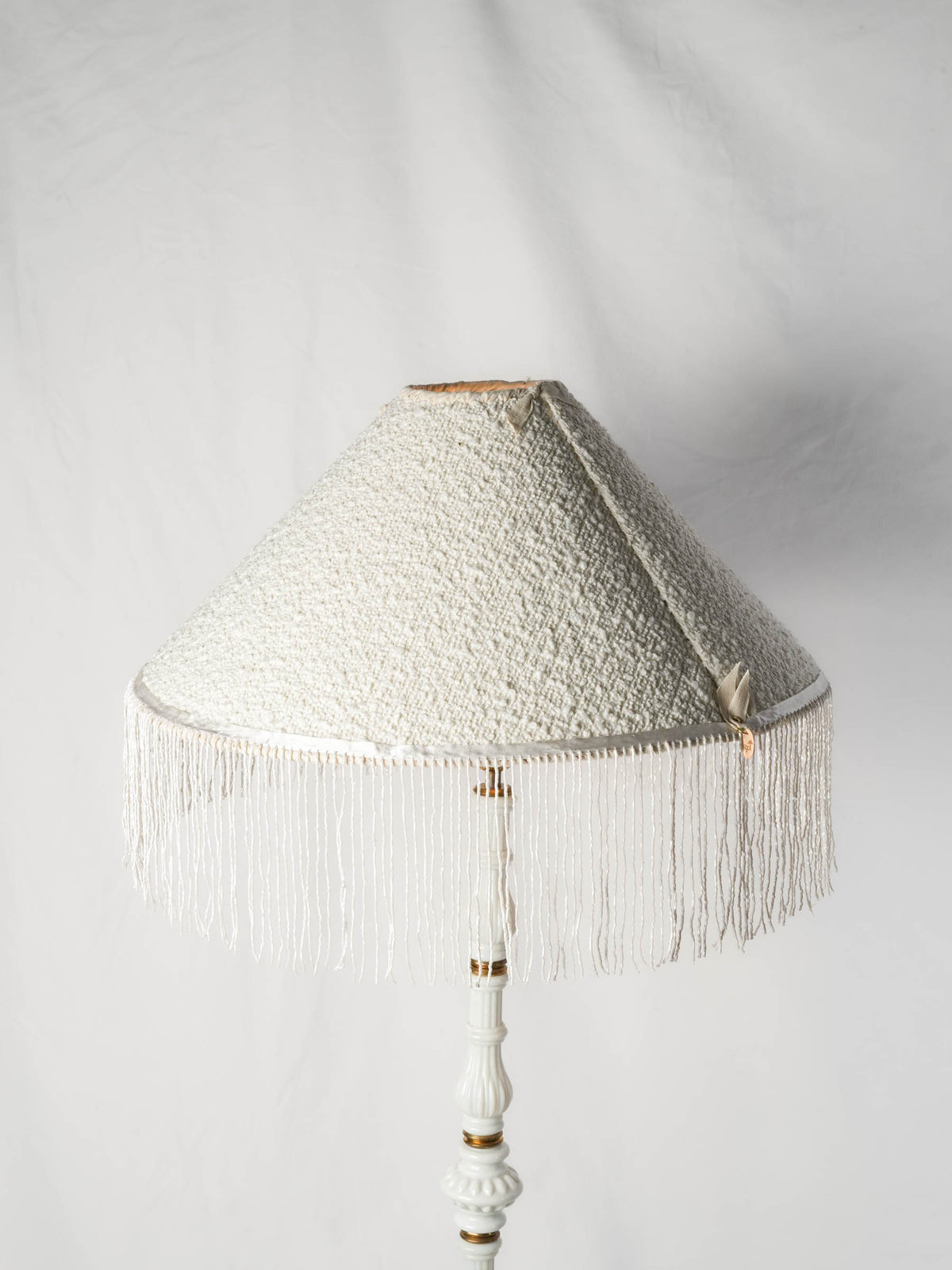 French Art Deco White Glass Floor Lamp w/ Custom Fringed Shade - 67"
