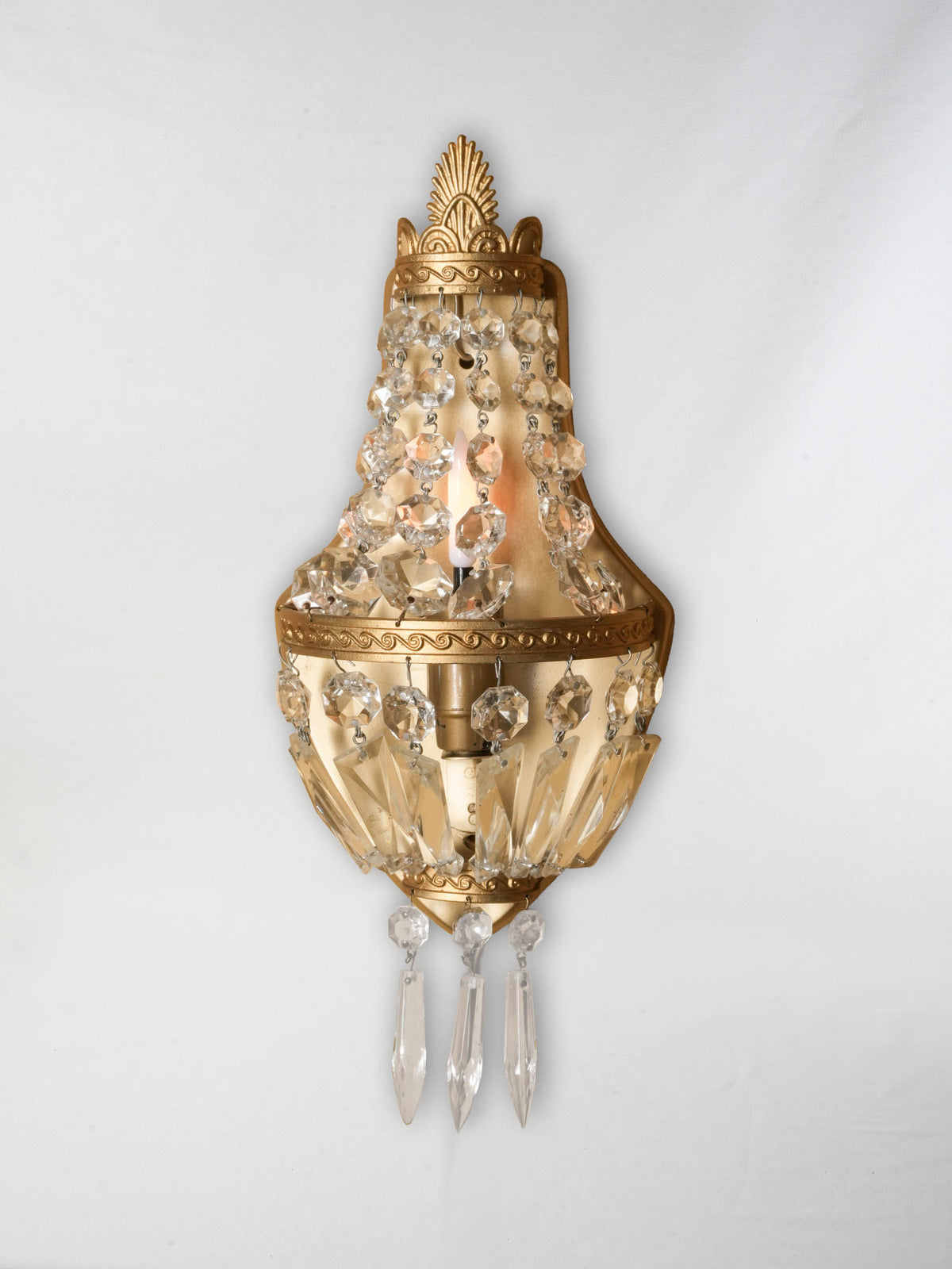 Vintage Empire-Style Gilt-Brass Wall Sconce w/ Draped Prisms - 13" x 5½"