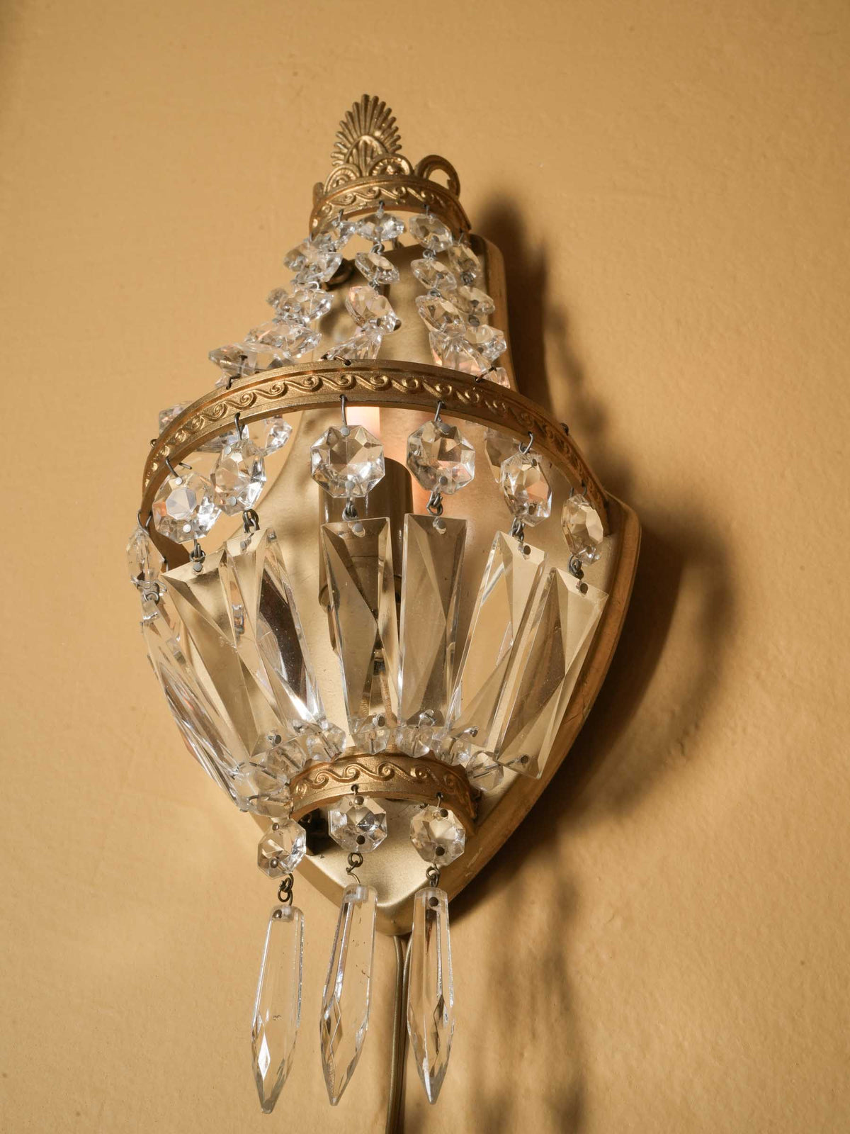 Vintage Empire-Style Gilt-Brass Wall Sconce w/ Draped Prisms - 13" x 5½"