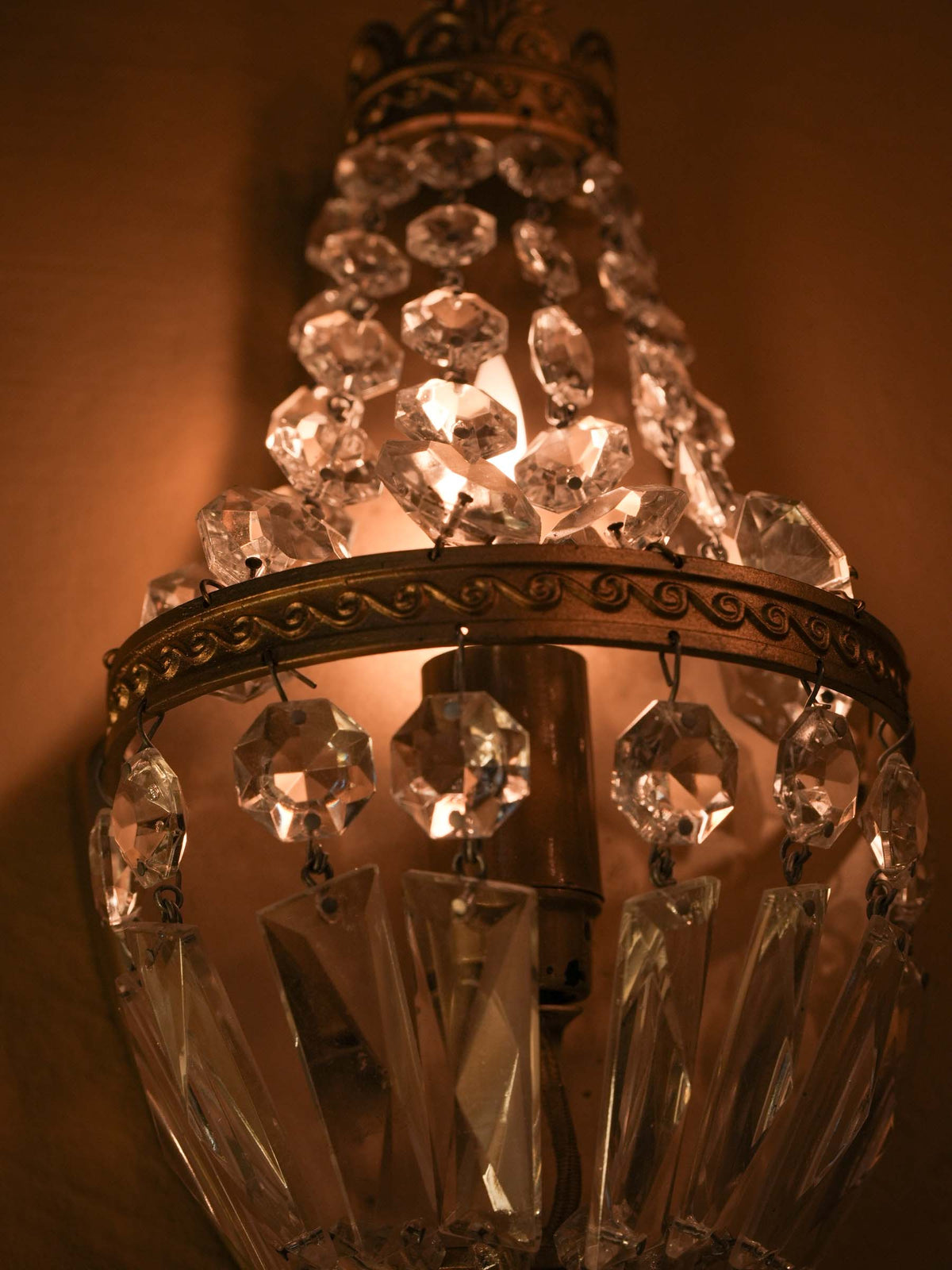 Vintage Empire-Style Gilt-Brass Wall Sconce w/ Draped Prisms - 13" x 5½"