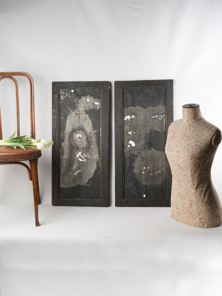 Pair of 1950s French Industrial Zinc Stencils in Wooden Frames - 33¾" x 16¼"