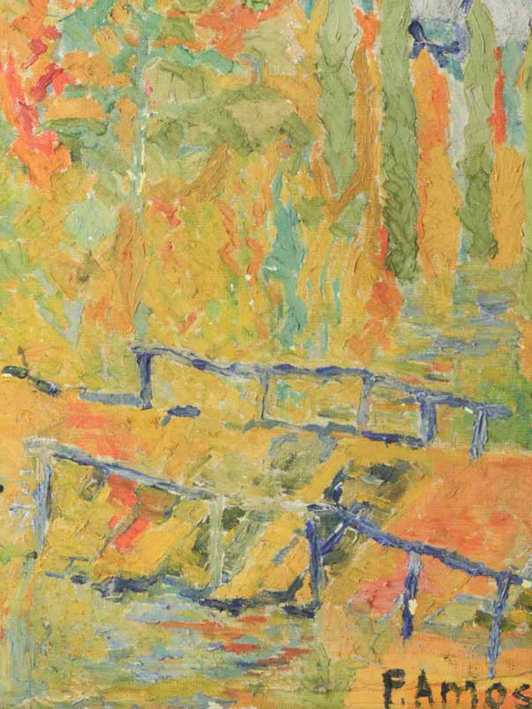 Cobalt and ochre bridge scene