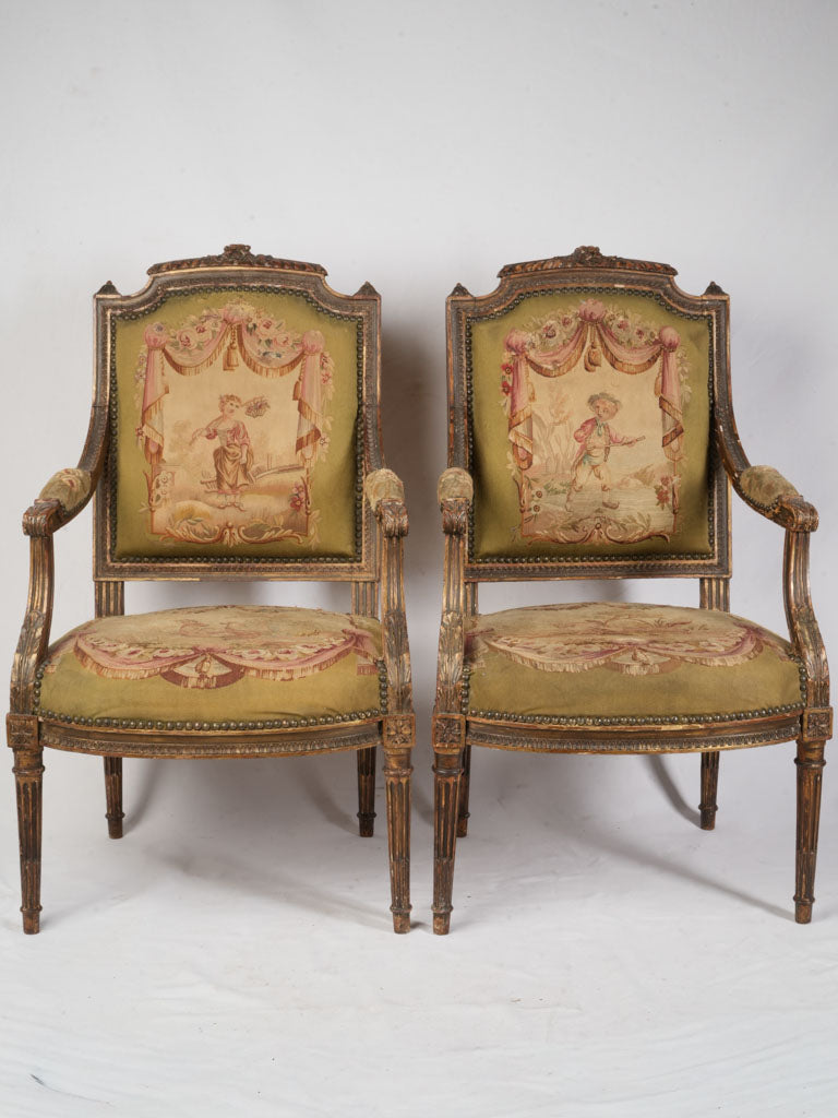 Petite Pair of Louis XVI Style Armchairs From The Late 19th Century W/ Original Tapestry - 38½"