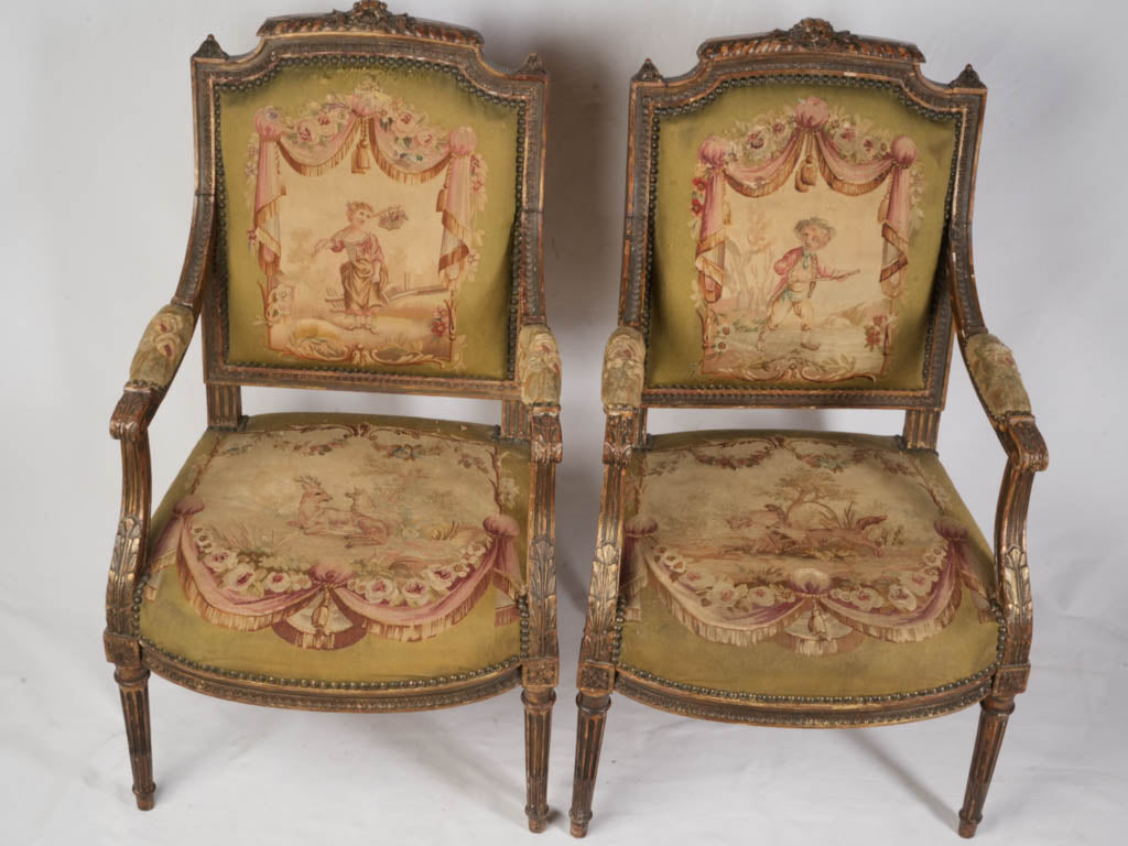 Petite Pair of Louis XVI Style Armchairs From The Late 19th Century W/ Original Tapestry - 38½"