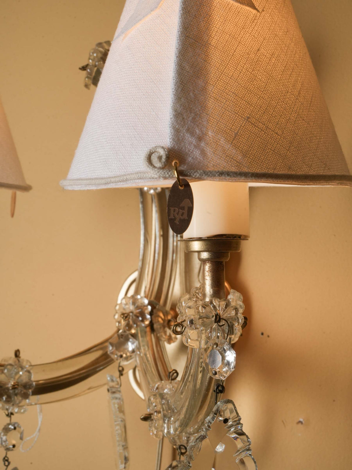Vintage French Two-Light Clear Glass and Metal Wall Sconce w/ Ivory Shades - 12¼"