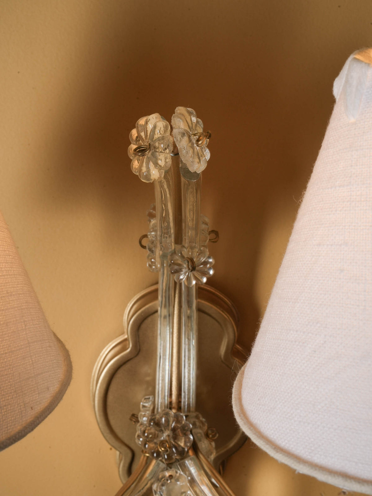 Vintage French Two-Light Clear Glass and Metal Wall Sconce w/ Ivory Shades - 12¼"
