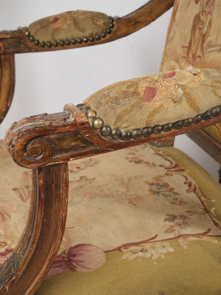 Petite Pair of Louis XVI Style Armchairs From The Late 19th Century W/ Original Tapestry - 38½"