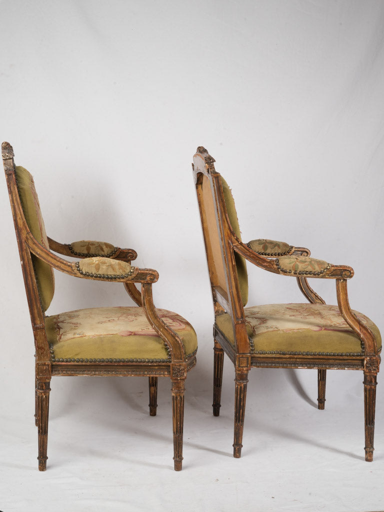 Petite Pair of Louis XVI Style Armchairs From The Late 19th Century W/ Original Tapestry - 38½"