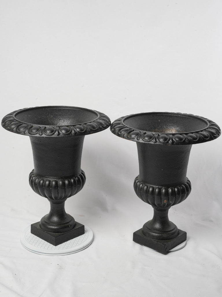 Pair of Early 20th Century French Cast Iron Medici Urns w/ Black Patina - 21¼"