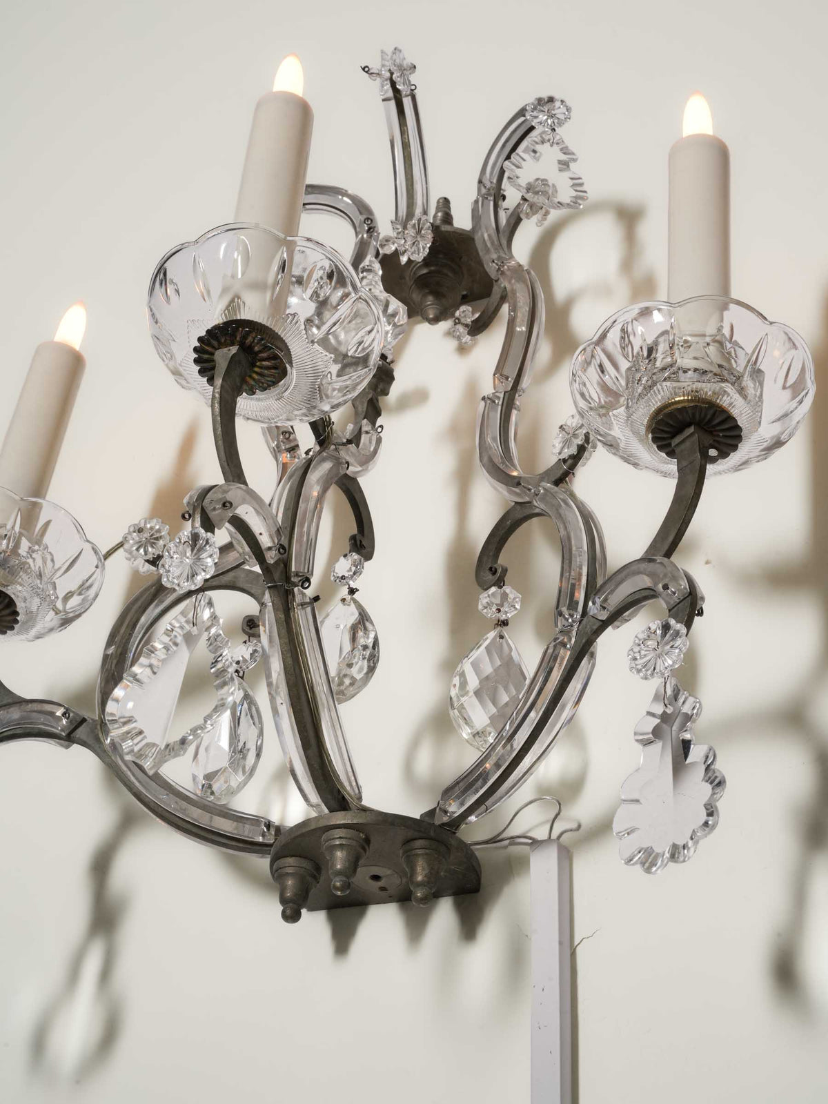 Pair of Large Vintage French Three-Light Glass and Metal Sconces - 22½" x 19¼"