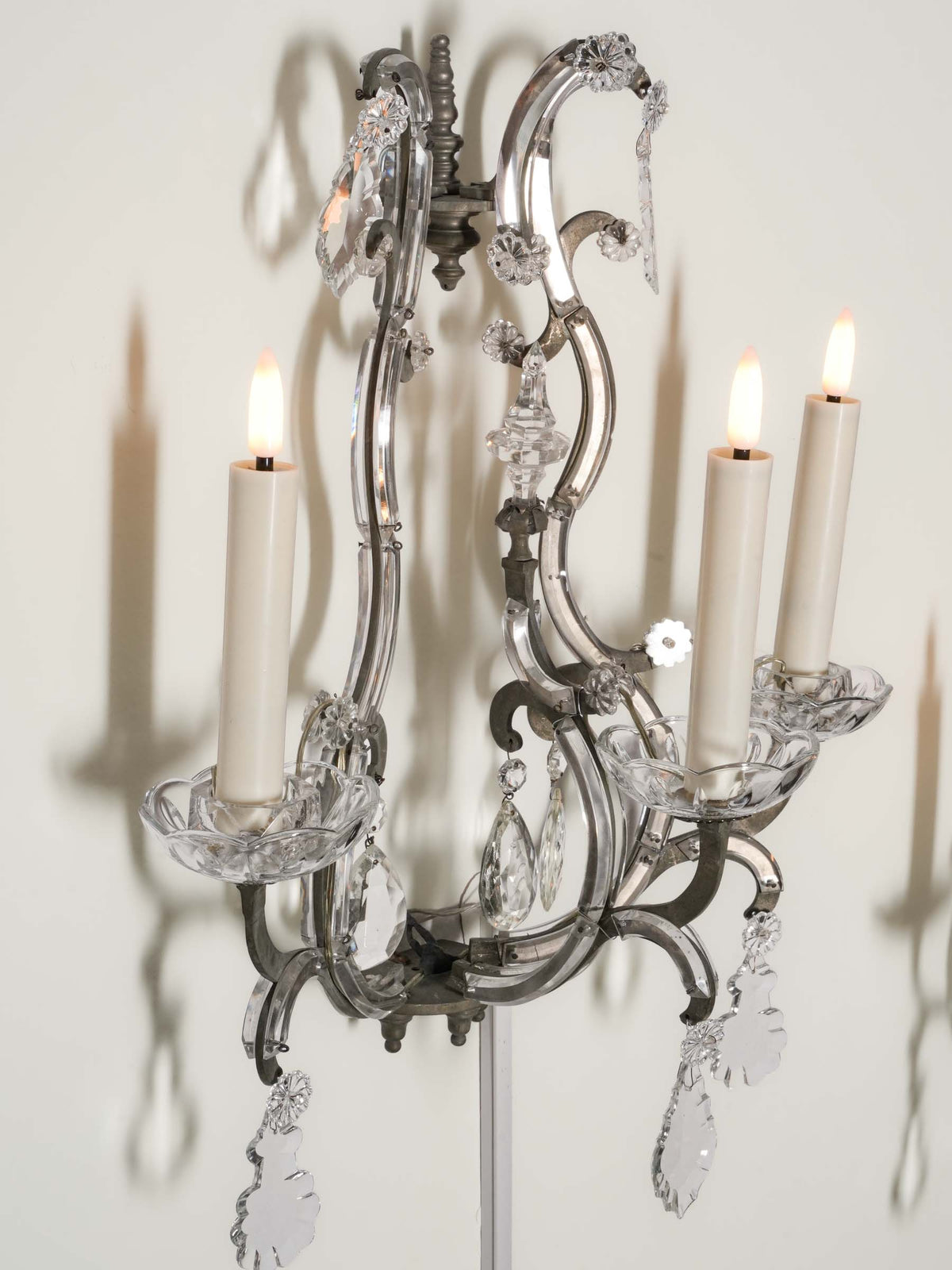 Pair of Large Vintage French Three-Light Glass and Metal Sconces - 22½" x 19¼"