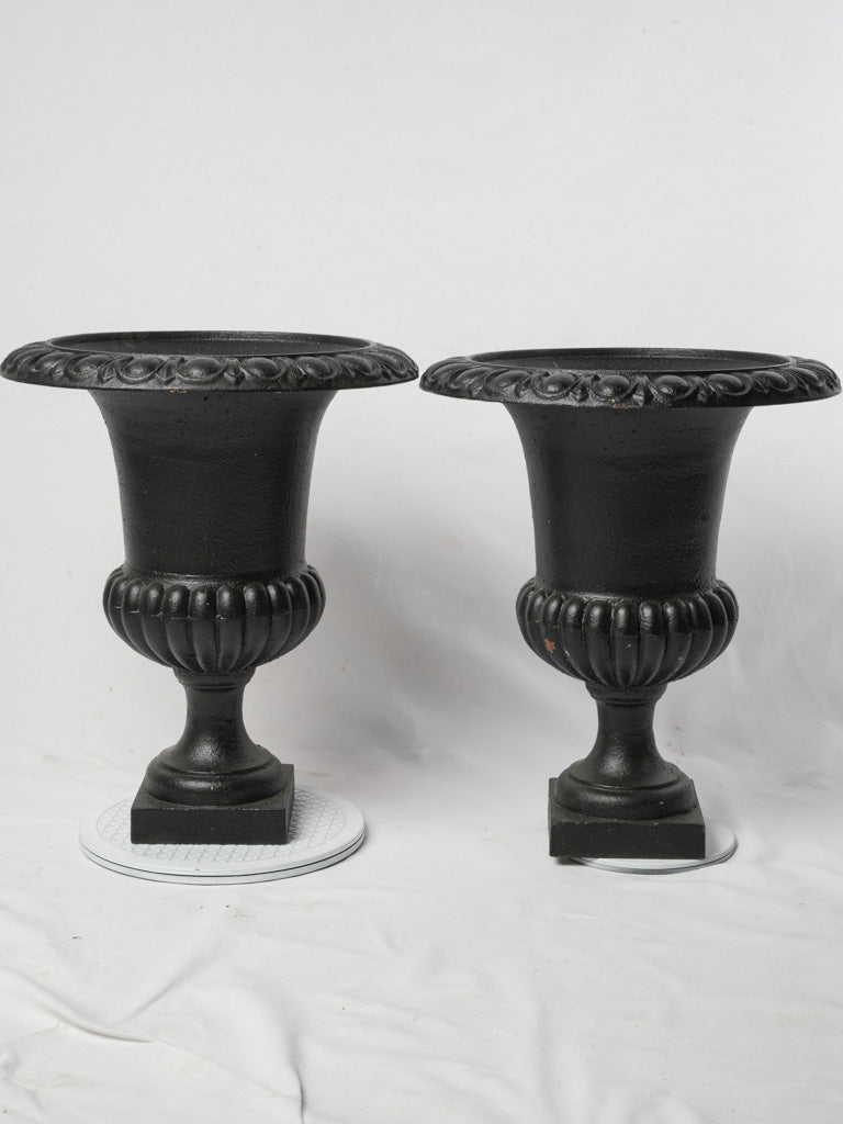 Pair of Early 20th Century French Cast Iron Medici Urns w/ Black Patina - 21¼"