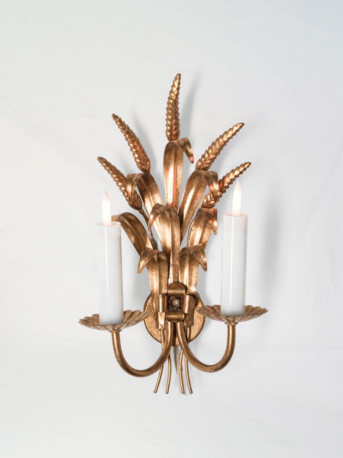 Vintage Gilt-Metal Two-Light Wheat Sheaf Wall Sconce - 15"