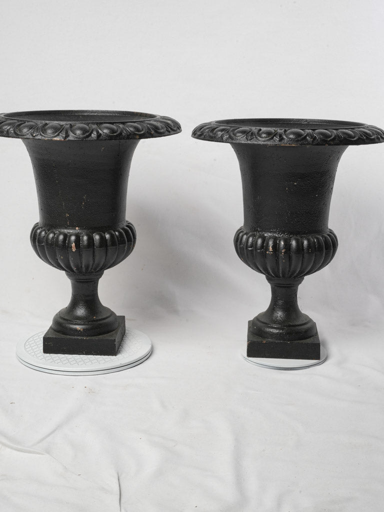 Pair of Early 20th Century French Cast Iron Medici Urns w/ Black Patina - 21¼"