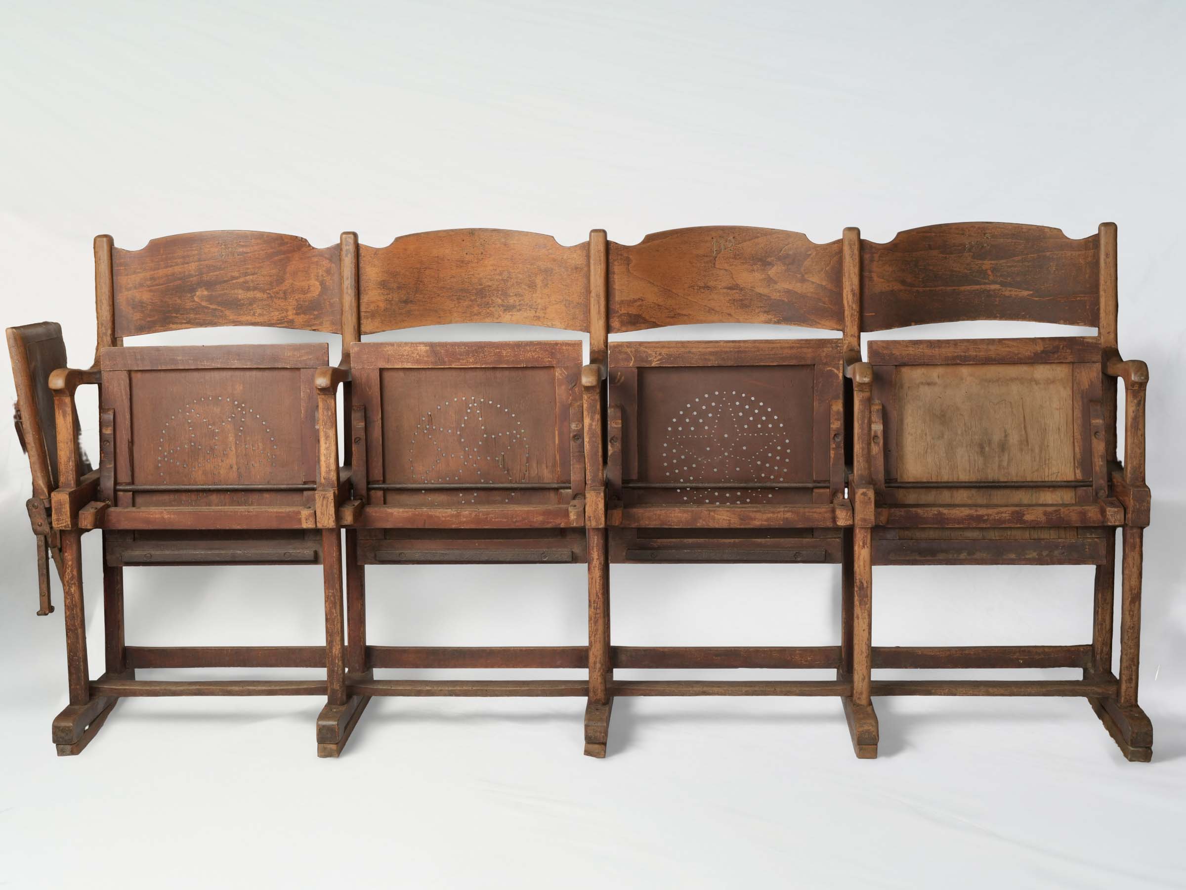 Early 20th-Century French Folding Cinema Bench with Four Seats and End Tip-Up Seat - 93"