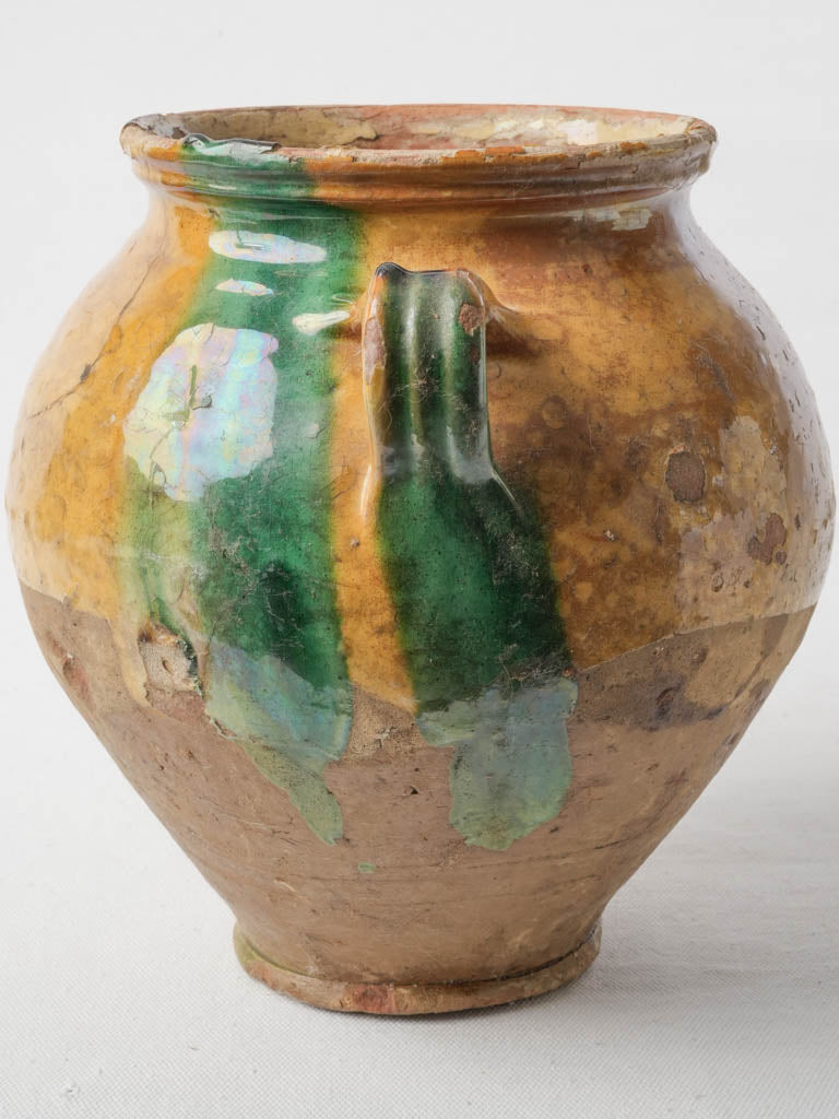 Charming Antique French Confit Pot w/ Ochre and Green Glaze - 9½"